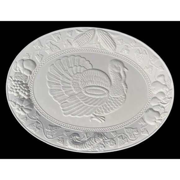 Turkey Embossed Serving Platter Ceramic Thanksgiving X-large 19”x 14.5" White - Picture 1 of 6
